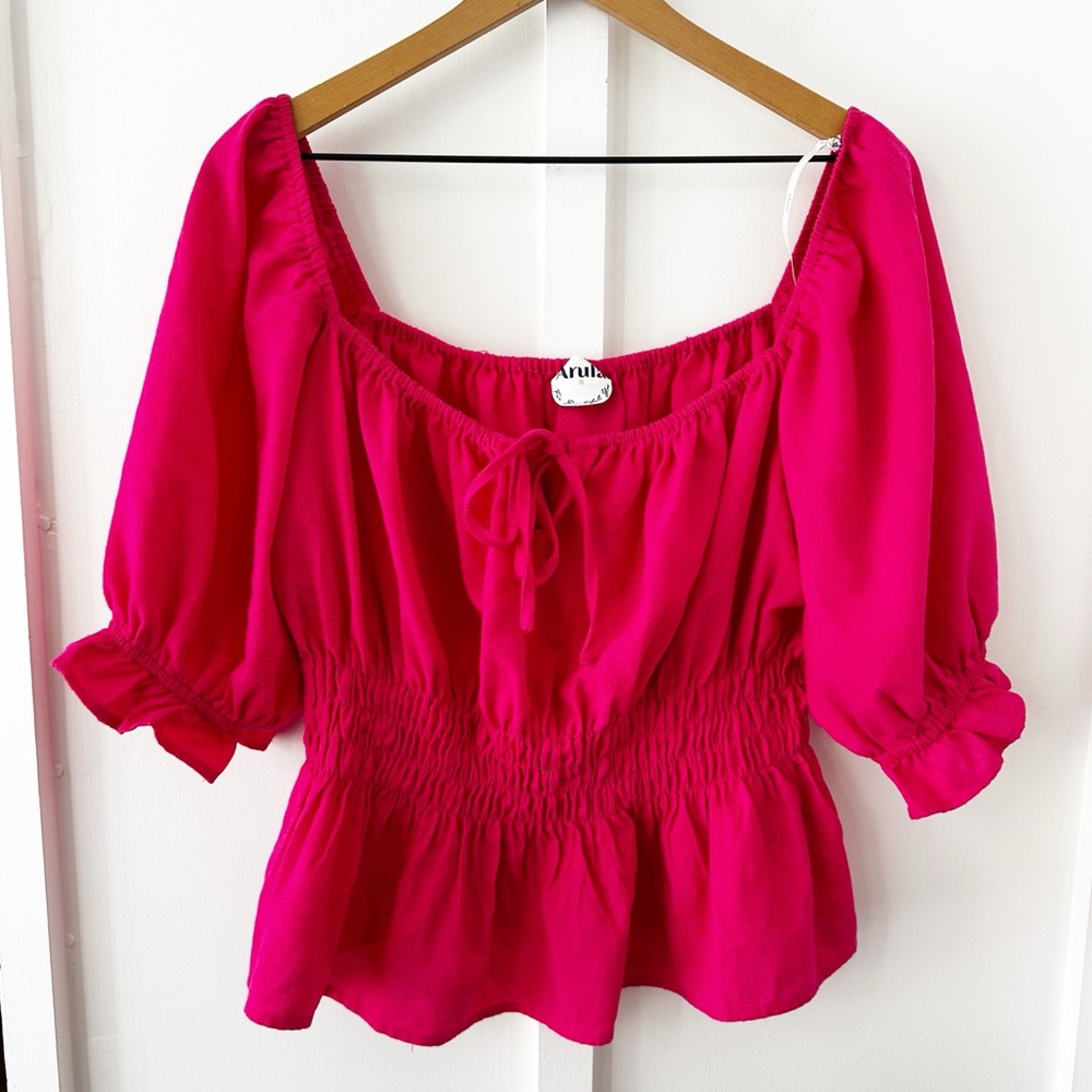 ARULA pink smocked peplum top